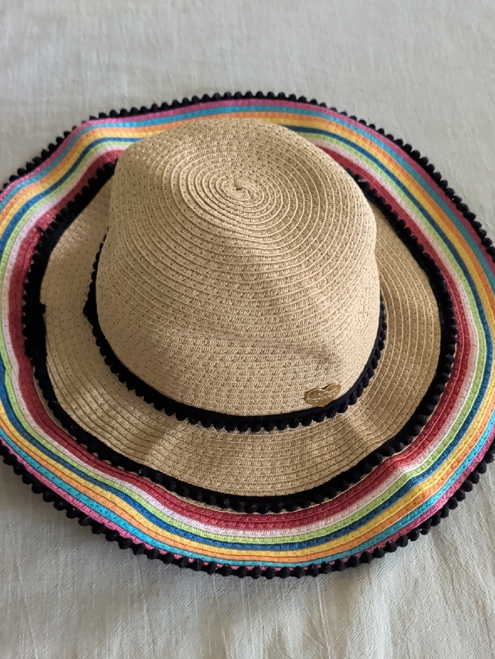 Betsey Johnson Straw Sun Hat with Rainbow Trim - Beige